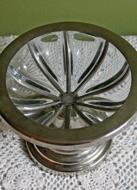 Vintage Shallow Glass Bowl with Metal Ribbed Trim