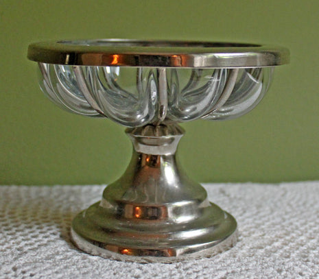 Vintage Shallow Glass Bowl with Metal Ribbed Trim