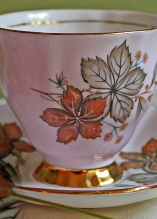 Porcelain Teacup Saucer Set with Boston Vine Leaves Made in England by Clarence