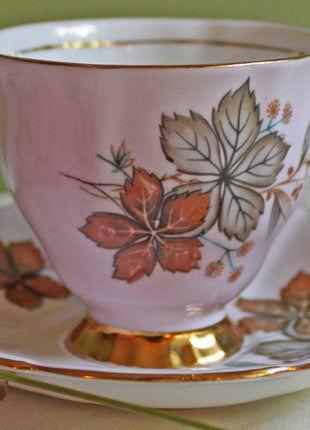 Porcelain Teacup Saucer Set with Boston Vine Leaves Made in England by Clarence