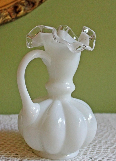 Fenton Milk Glass Melon Shape Pitcher Vase - Silvercrest Ruffled Rim
