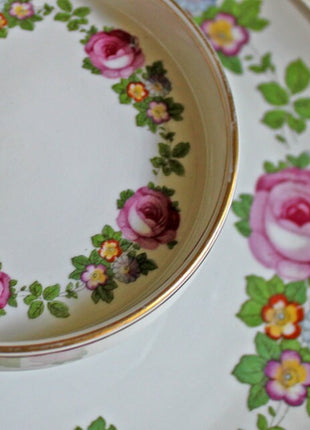 Austrian Porcelain Plate with Dip Dish Built in the Center. Hand Painted Roses and Primroses. Plate with Built in Dip Dish Made in Austria.