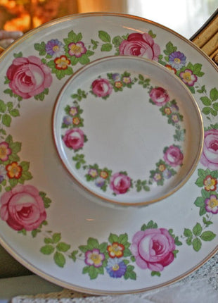 Austrian Porcelain Plate with Dip Dish Built in the Center. Hand Painted Roses and Primroses. Plate with Built in Dip Dish Made in Austria.