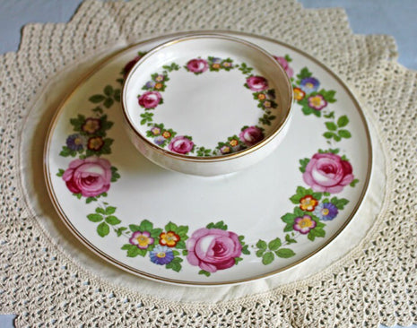 Austrian Porcelain Plate with Dip Dish Built in the Center. Hand Painted Roses and Primroses. Plate with Built in Dip Dish Made in Austria.