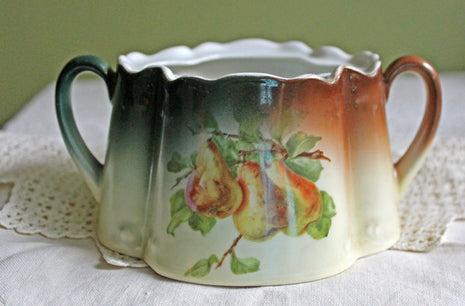 Antique Bavarian Porcelain Open Sugar Bowl - with Hand Painted Fruit