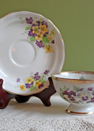 Porcelain Teacup Saucer Set with Pansies by Old Royal Bone China