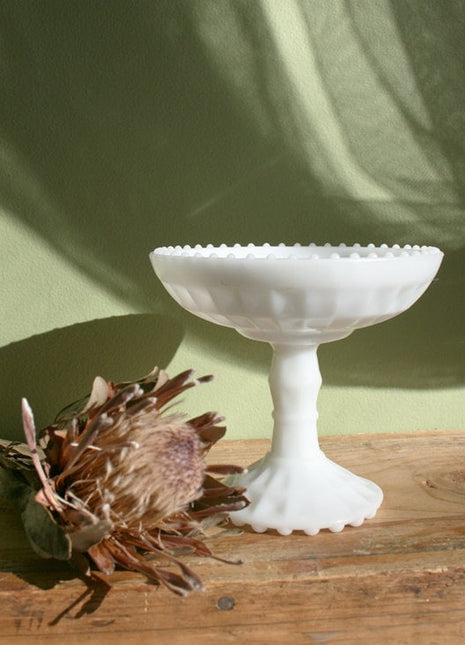 Milk Glass Compote Footed Bowl with Geometric Motif