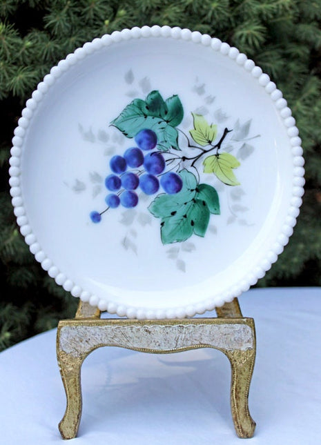 Decorative Milk Glass Plate - Hand Painted Grapes & Hobnail Rim