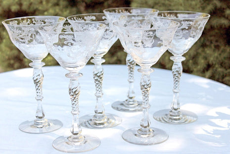 6 Vintage Etched Wine Glasses, Rock Sharpe, 1950's, After Dinner Drink 4 oz  Liqueur ~ Wine Glasses, Dessert Wine Glasses, Small Wine Glasses