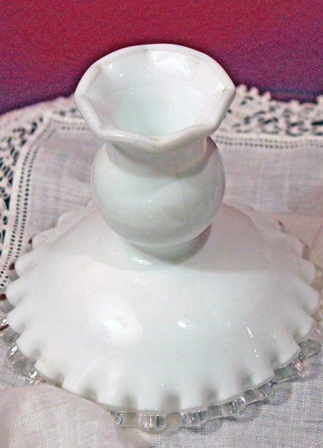 Fenton Milk Glass Candle Stick Holder with Silvercrest Pattern
