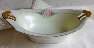 Vintage Oval Serving Bowl - Reticulated Handles & Luster with Roses