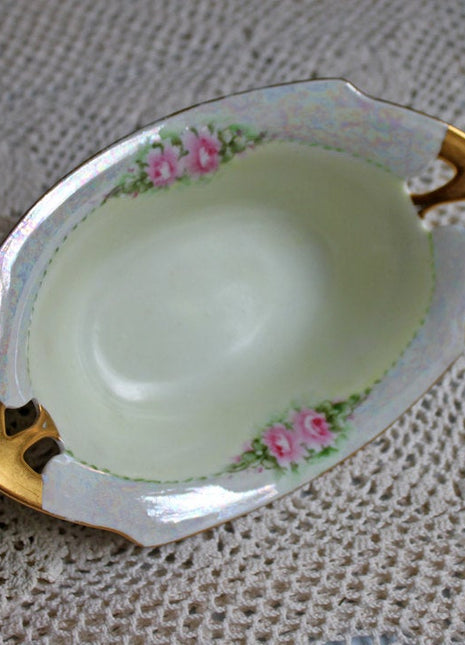 Vintage Oval Serving Bowl - Reticulated Handles & Luster with Roses