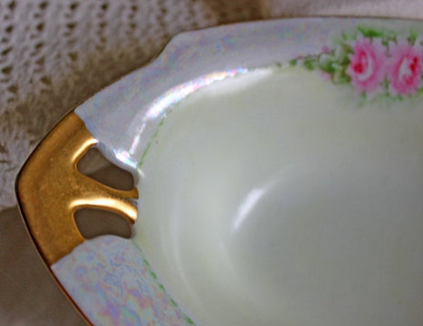 Vintage Oval Serving Bowl - Reticulated Handles & Luster with Roses