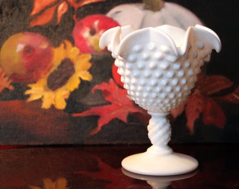 Fenton Milk Glass Footed Bowl. Fenton Crystal Compote with Hobnail Pattern, Scalloped and Ruffled Rim. Collectible Milk Glass.