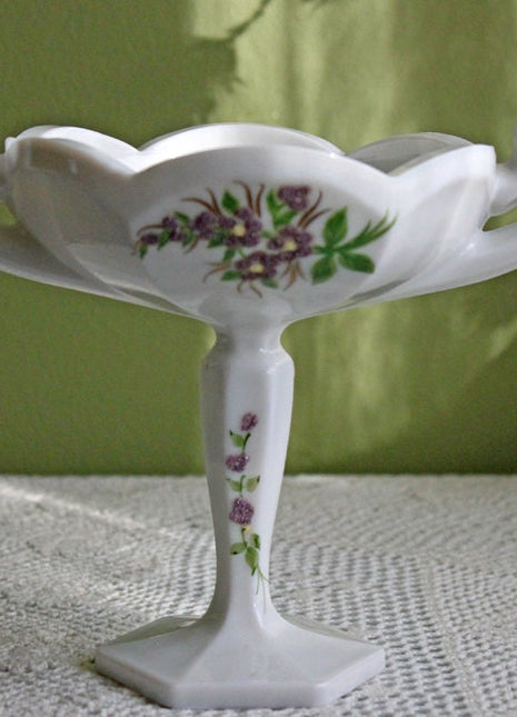 Westmoreland Milk Glass Footed Bowl with Handles. Milk Glass Compote with Hand Painted Floral Pattern.