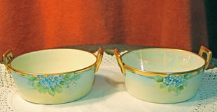 Hutschenreuther Bowl with Gold Handles & Rim, Hand Painted Foreget Me Nots