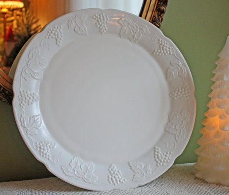 XL Milk Glass Serving Platter with Harvest Pattern - Embossed Grapes