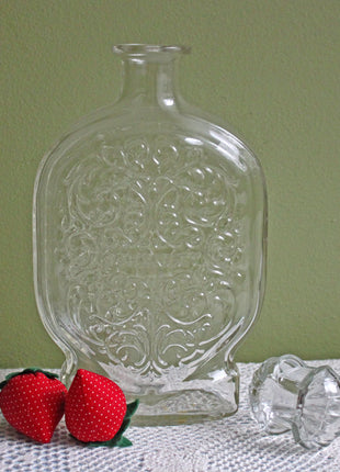 Vintage Clear Glass Bottle with Embossed Decor and Stopper - Schenley