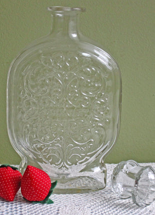 Vintage Clear Glass Bottle with Embossed Decor and Stopper - Schenley