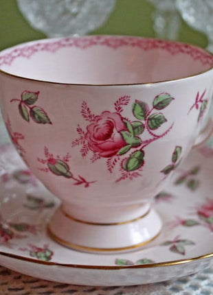 Teacup or Coffee Cup and Saucer. Painted Roses on Pink Background. Made in England, 497H.