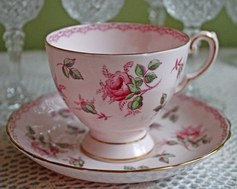 Teacup or Coffee Cup and Saucer. Painted Roses on Pink Background. Made in England, 497H.