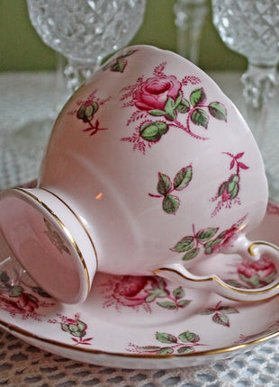 Teacup or Coffee Cup and Saucer. Painted Roses on Pink Background. Made in England, 497H.