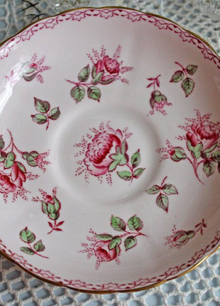Teacup or Coffee Cup and Saucer. Painted Roses on Pink Background. Made in England, 497H.