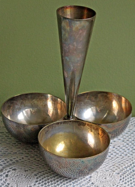 Silver Plated 3 Bowls Cluster with Vase in Center by Mesa, Italy