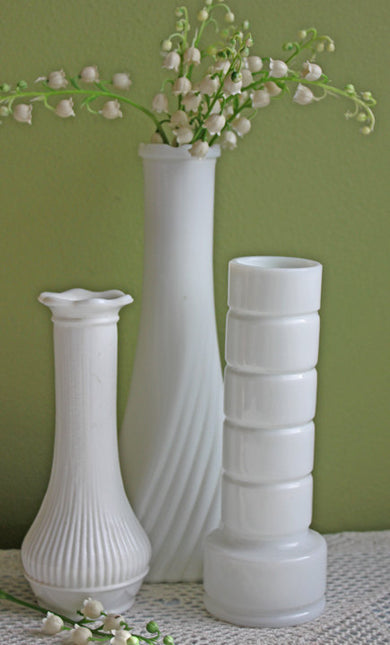 Set of Three Milk Glass Vases in Various Designs
