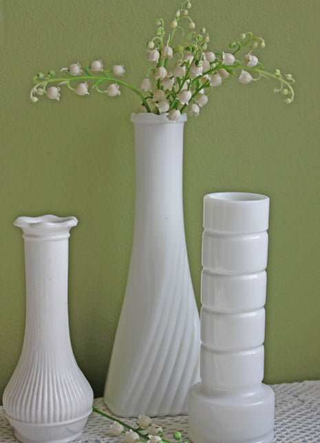Set of Three Milk Glass Vases in Various Designs