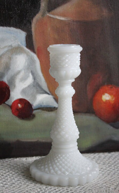 Milk Glass Candle Stick Holder with Diamond Pattern