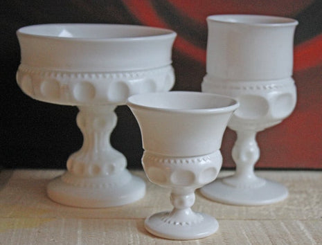 Westmoreland Milk Glass Footed Compote and Goblets. Set of Three Milk Glass Dishes with Thumbprint Pattern and Hobnails.