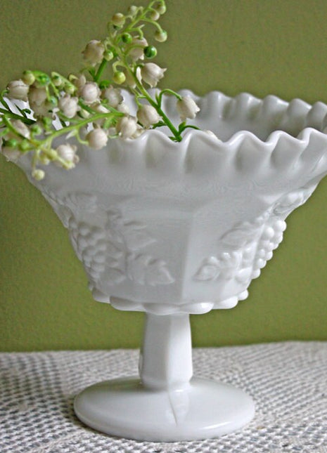 Westmoreland Footed Bowl with Grapevine Design & Ruffled Rim
