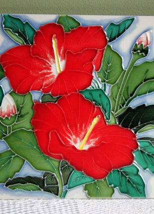 Ceramic Decorative Tile. Tile Hand Decorated with Red Hibiscus. Tile Ready to Hang or for Standing. Home Kitchen Decor.
