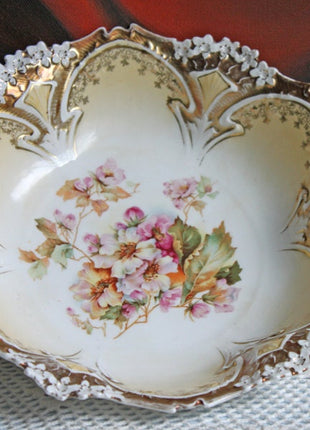 Bowl. Antique Porcelain Bowl by RS Prussia. Hand Painted Fine Porcelain Bowl with Wild Roses. Embossed Decoration, Scalloped Rim.