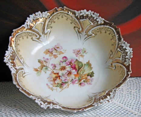 Bowl. Antique Porcelain Bowl by RS Prussia. Hand Painted Fine Porcelain Bowl with Wild Roses. Embossed Decoration, Scalloped Rim.