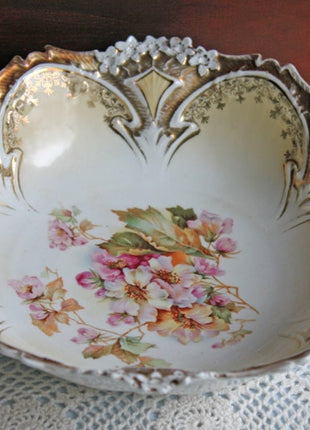 Bowl. Antique Porcelain Bowl by RS Prussia. Hand Painted Fine Porcelain Bowl with Wild Roses. Embossed Decoration, Scalloped Rim.
