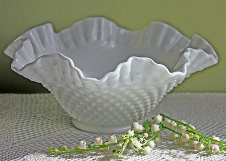 Fenton Milk Glass Bowl with Hobnail Pattern & Double Ruffled Scalloped Rim