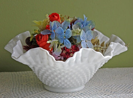 Fenton Milk Glass Bowl with Hobnail Pattern & Double Ruffled Scalloped Rim