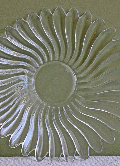 Glass Platter. Clear Glass Plate with Daisy Petals Pattern and Scalloped Rim.