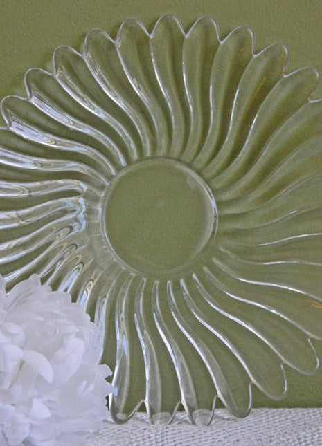 Glass Platter. Clear Glass Plate with Daisy Petals Pattern and Scalloped Rim.