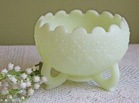 Fenton Pale Yellow Milk Glass Bowl - Reticulated Feet & Embossed Floral Decor