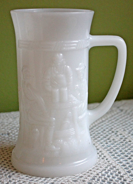 Milk Glass Beer Mug Jug with Embossed Men Drinking Beer