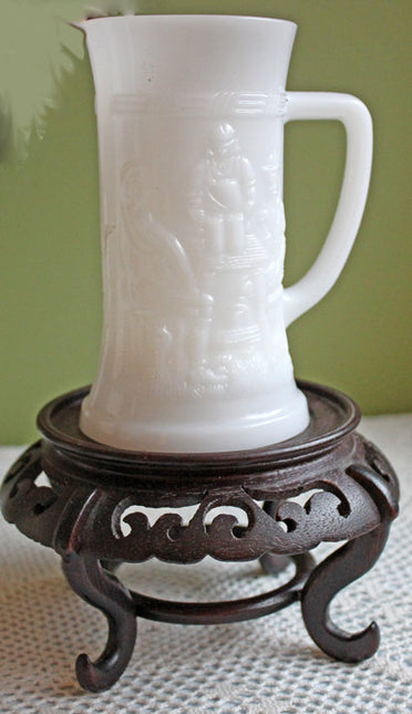 Milk Glass Beer Mug Jug with Embossed Men Drinking Beer