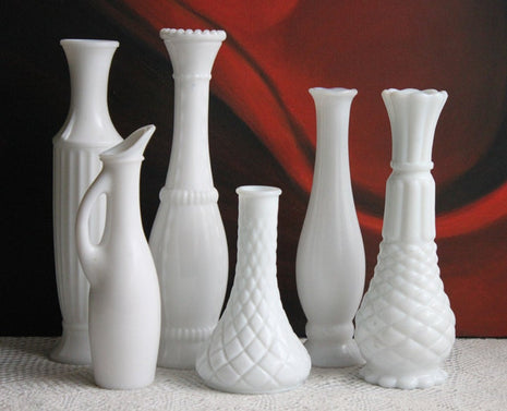Vases. Milk Glass Vases. Six Various Design Vases for Flower Arrangements or Milk Glass Instant Collection. Unique Design Vases.