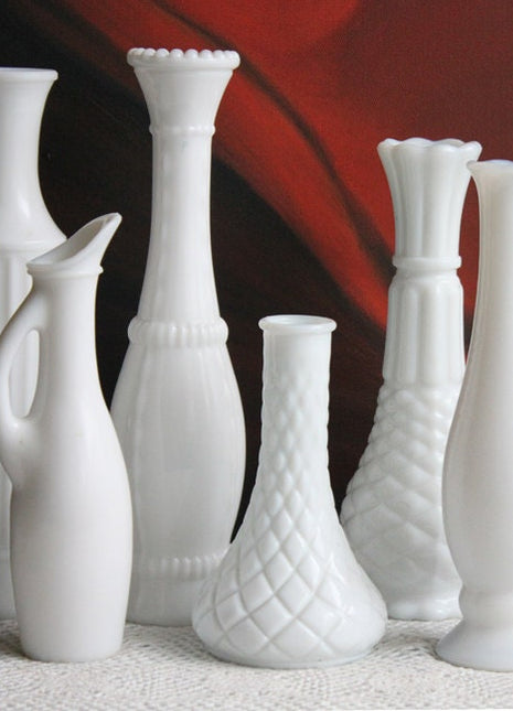 Vases. Milk Glass Vases. Six Various Design Vases for Flower Arrangements or Milk Glass Instant Collection. Unique Design Vases.