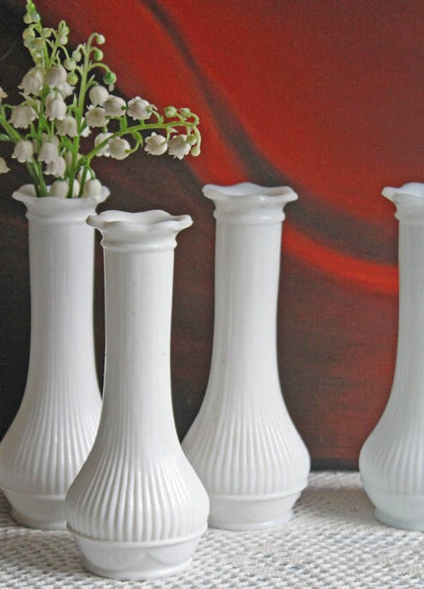 Milk Glass Vases for Flower Arrangements. Set of Four Vases with Thin Ribbed Design. Collectible or Wedding Milk Glass. Florist Supplies.
