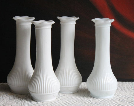 Milk Glass Vases for Flower Arrangements. Set of Four Vases with Thin Ribbed Design. Collectible or Wedding Milk Glass. Florist Supplies.