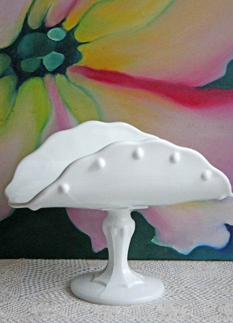 Footed Banana Bowl. Milk Glass with Hobnail and Tear Drop Design Footed Banana Bowl. Large Milk Glass Bowl for Serving Bananas.