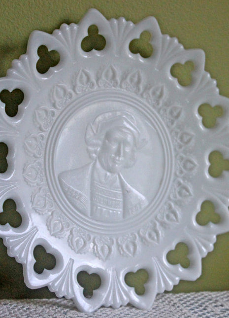 Milk Glass Display Plate with Lacy Rim - Embossed Columbus